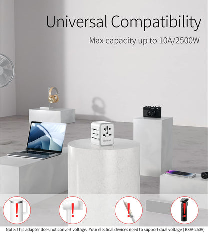 Worldwide Travel Adapter with USB, FSTravelP Universal Plug Adapter with 2 USB & International AC Socket, Dual 10A Fuses, All In One Travel Plug Adapter Worldwide for USA UK EU AU CN 150+ Countries