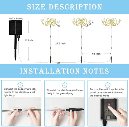 Solar Garden Lights Outdoor 3 Pcs Solar Fireworks Garden Lights Solar Lamp with Remote Control 8 Modes 120 LEDs Waterproof Outdoor Lamp Garden Lights Lawn Backyard Flower Boxes Pathway