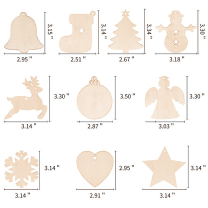 Max Fun 100PCS DIY Wooden Christmas Ornaments Unfinished Predrilled Wood Circles for Crafts Centerpieces Holiday Hanging Decorations in 10 Shapes