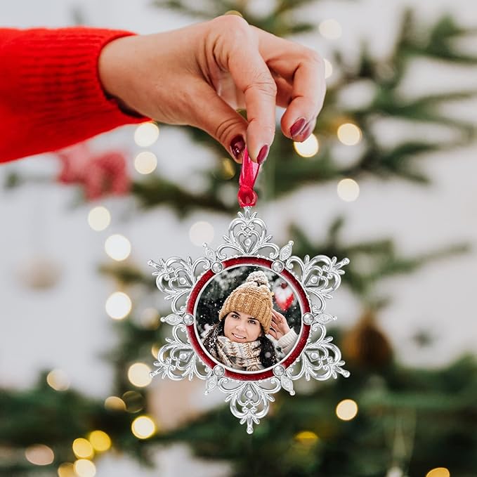 West style Snowflake Picture Frame Ornament Christmas Tree Ornaments Metallic Hanging Home Deco Hanging Pendant Holiday Keepsake Gift (Red, C Snowflake)