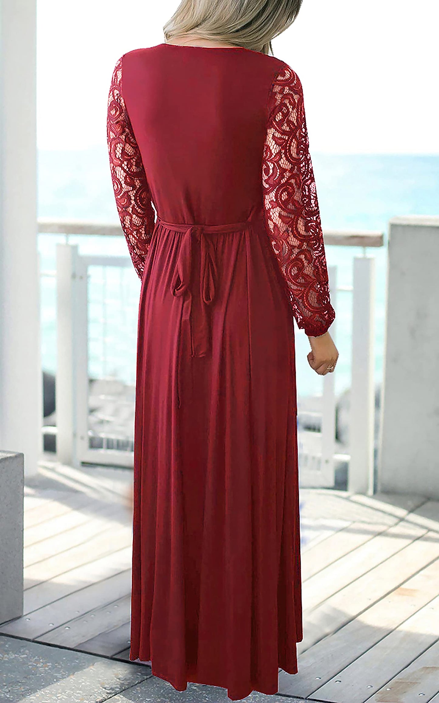 Kranda Christmas Dress Women's Casual Floral Lace Long Sleeve Faux Wrap V Neck Bridesmaid Maxi Dress Wine Red M