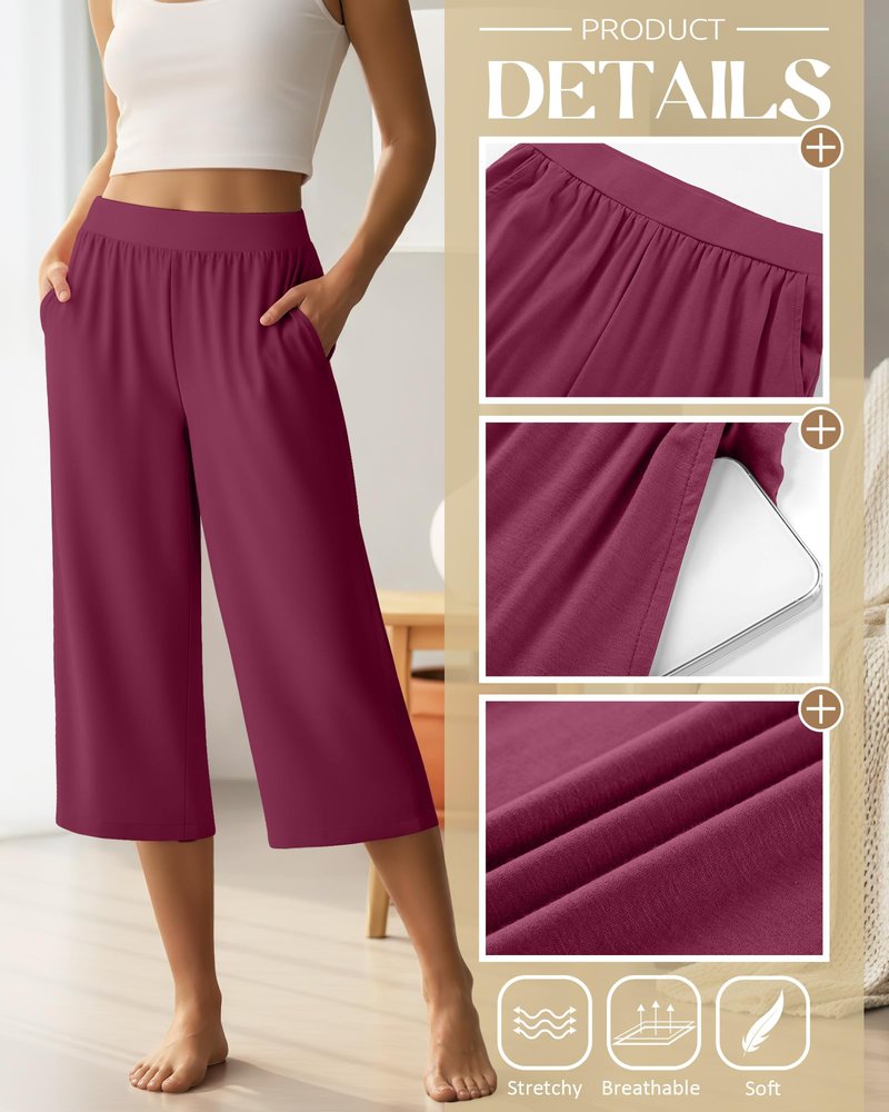 Neer 4 Pack Women's Capri Pants Wide Leg Capris Yoga Sweatpants Lounge Loose Fit High Waist Workout Cropped Pants with Pocket(Black, Heather Gray, Dark Blue, Fuchsia,Large)
