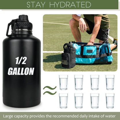 DEFUNX 64 Oz Water Bottle with Sleeve - Half Gallon Big Insulated Water Jug with Strap Stainless Steel Gym Water Bottles for Men Sports Workout Hiking All Black