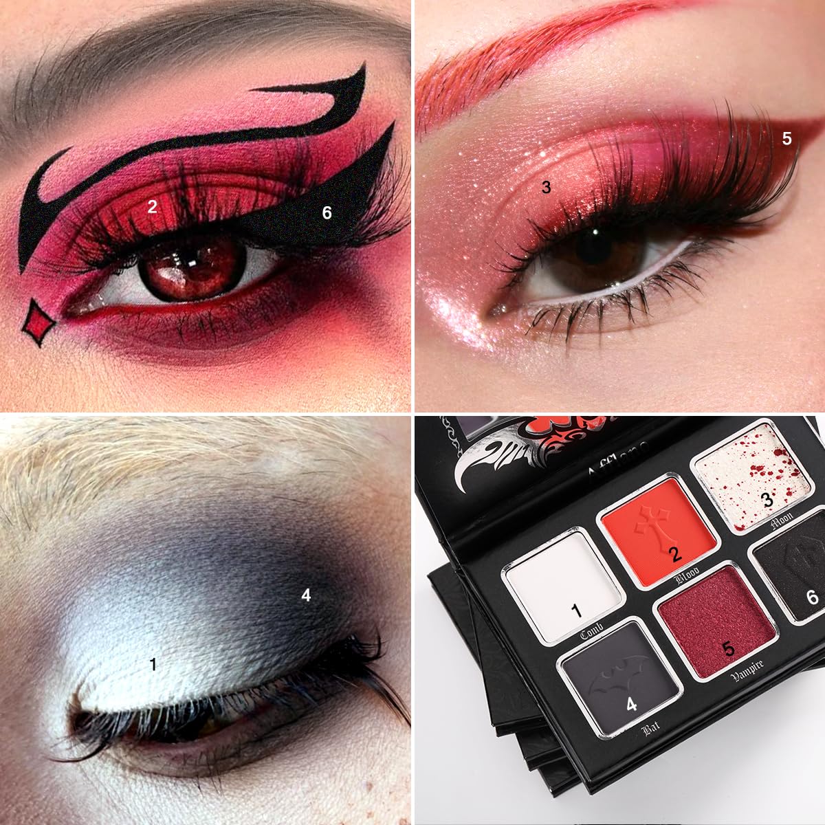 Black Red Eyeshadow Palette, Highly Pigmented True Red White Dark Grey Goth Smoky Eyeshadow Palette, 6 Color Matte Shimmer Burgundy Metallic Halloween Makeup Palette for Zombie Vampire Clown,Blendable