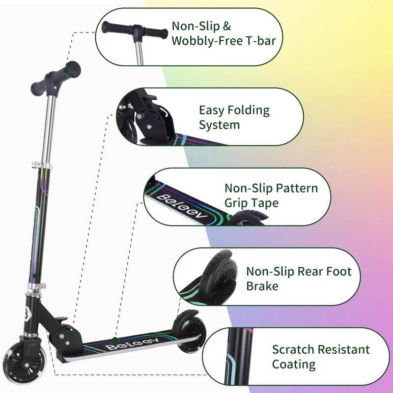 BELEEV Scooters for Kids Ages 3-12 with Light-Up Wheels & Stem & Deck, 2 Wheel Folding Scooter for Girls Boys, 3 Adjustable Height, Non-Slip Pattern Deck, Kick Scooter for Children (Black)