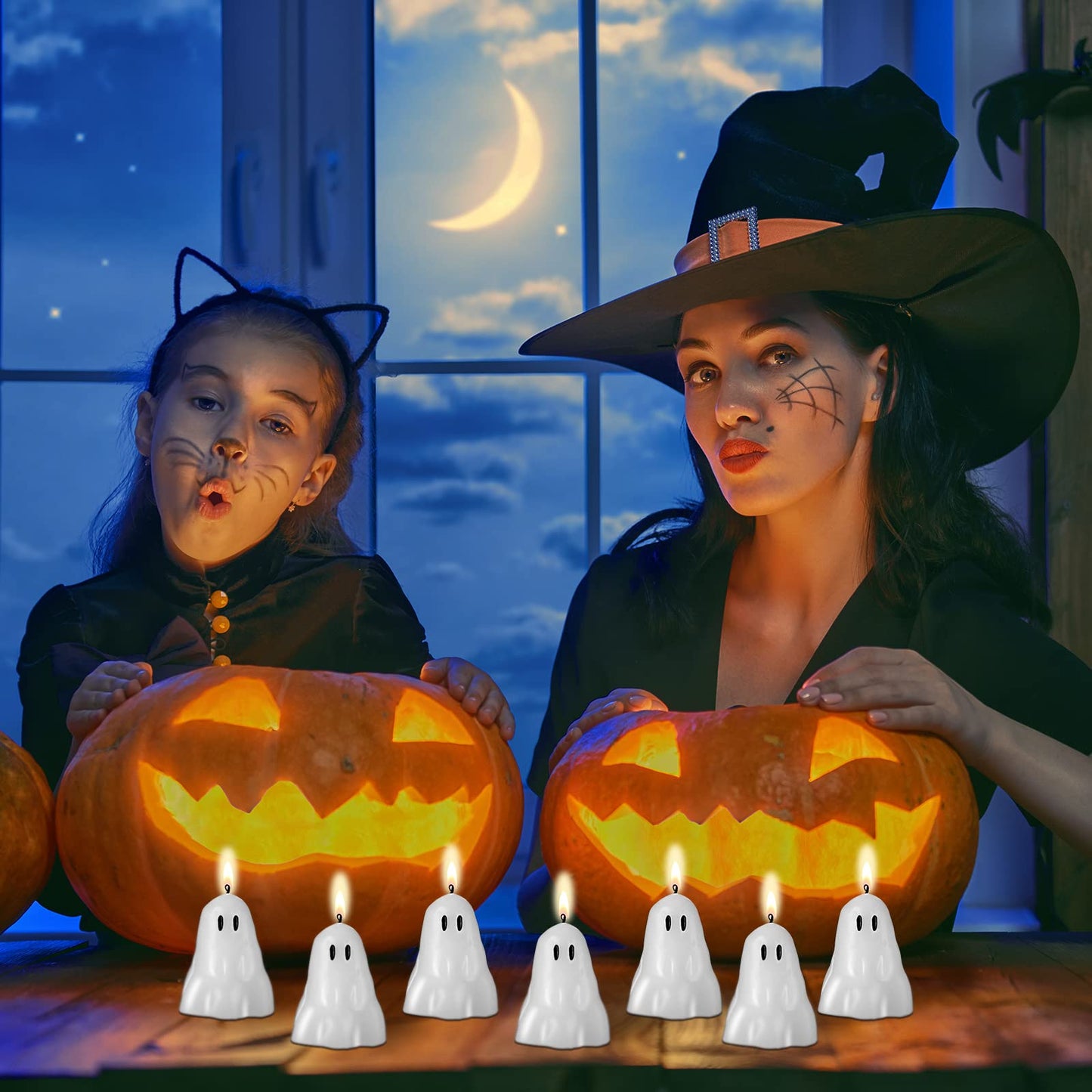 Jutom 10 Pcs Halloween Ghost Candles White Burning Candles Soy Wax for Halloween Home Table Party Decorations(Classic)