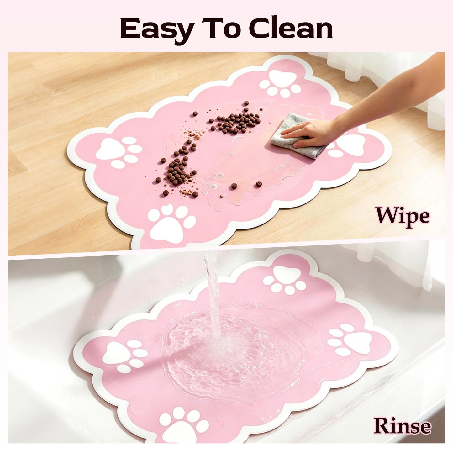 19×14in Cuttable Mat for Dog Bowls - Water Absorbent Mat for Dog Bowls with Rubber Non-Slip Backing, Quick Dry Dog Food Mat, No Stains & 3.5mm Thick Mat for Pet Food Bowls, Pink