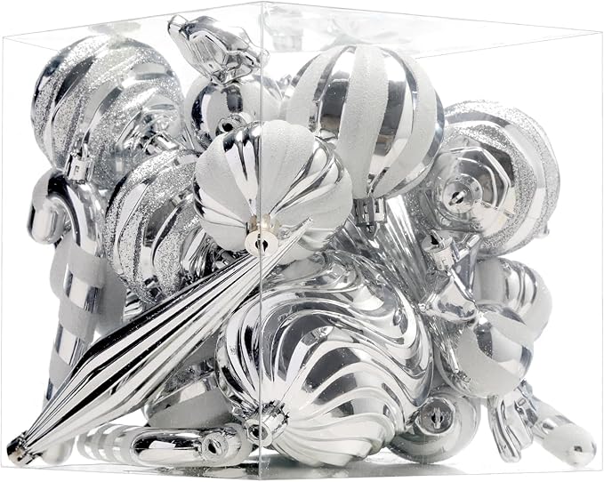 Christmas Ball Ornaments Set Shatterproof Christmas Tree Ornaments 24 PCS Painted Shaped Styles Xmas Tree for Holiday Decor,Silver