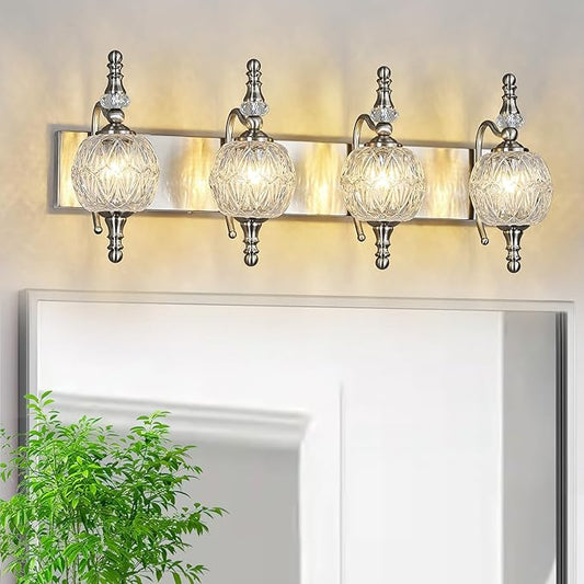 Modern Crystal Bathroom Vanity Lights Fixtures Over Mirror Brushed Nickel Vintage 4-Lights 28 Inch Bathroom Light Fixtures Glass Crystal Vanity Lights