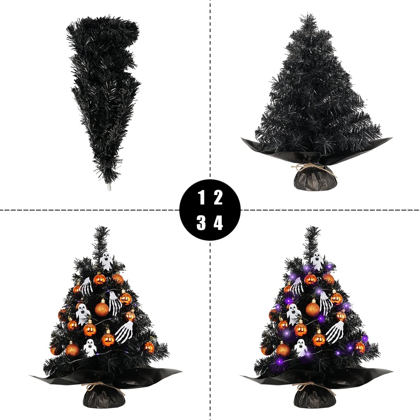 20" Mini Halloween Tree Black Tree Artificial Mini Halloween Tree with Purple LED Lights, Orange Balls Ornaments, Skeleton Hand and Ghost Decorations for Halloween Tabletop Decoration