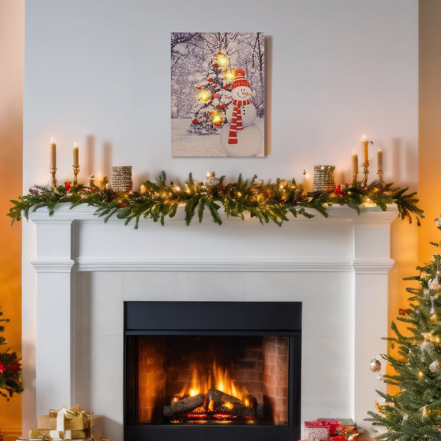 NIKKY HOME LED Christmas Picture Christmas Tree Picture Lighted Winter Pictures Wall Decor With Snowman Christmas Wall Art Winter Scene Decor 12" X 16"