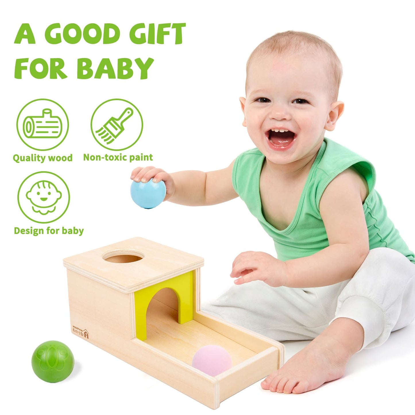 Adena Montessori Object Permanence Box with Tray Three Balls Montessori Toys for 6-12 Months Baby 1 Year Old Infant Toddler (Small Box - Typical)