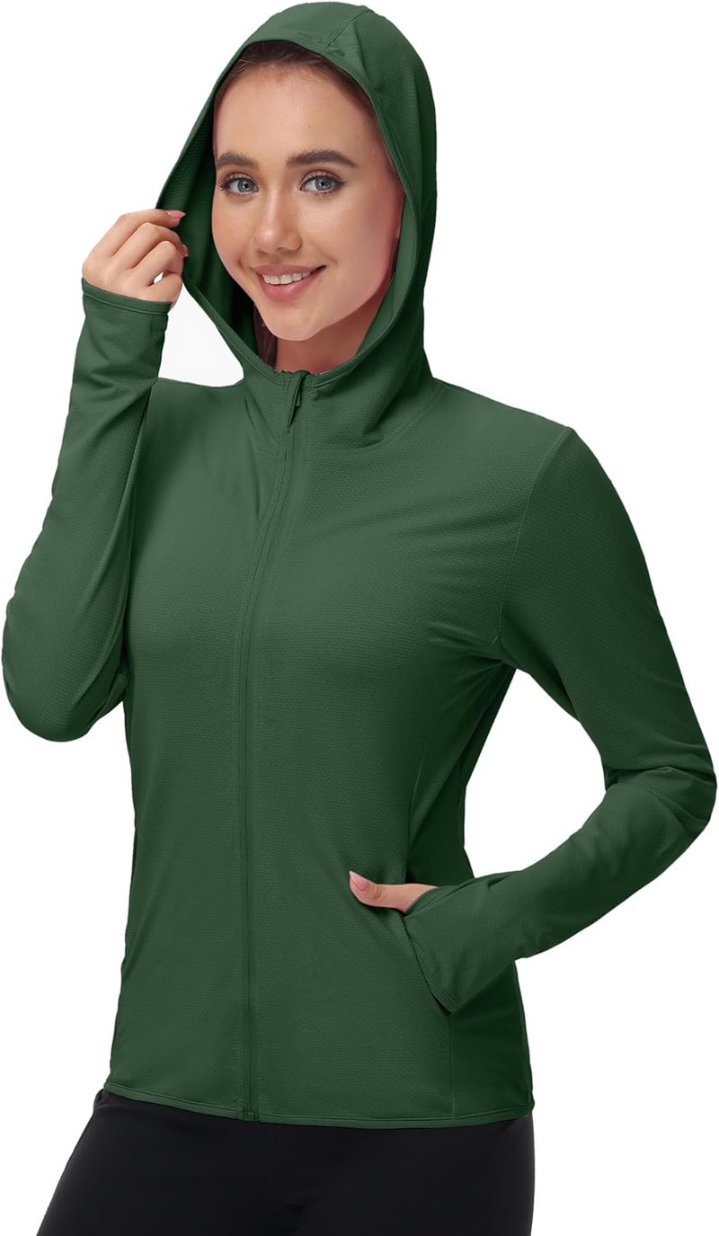 UPF 50+ Sun Protection Rash Guard | Women's Lightweight UV SPF Zip Hoodie Jacket for Hiking
