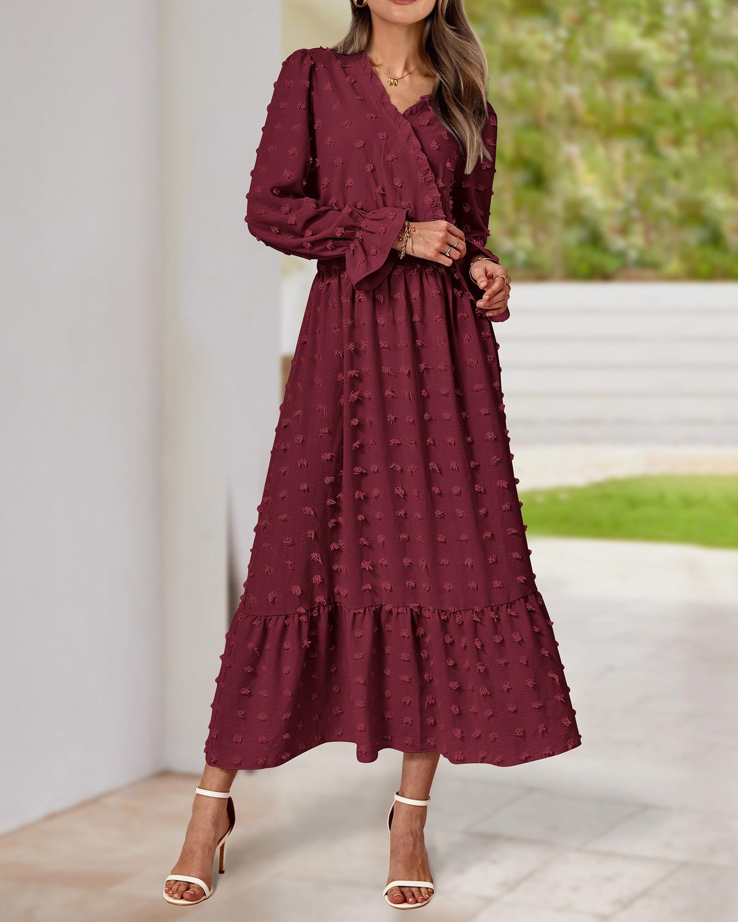 BTFBM Women Fall Maxi Dresses 2025 Long Sleeve V Neck Swiss Dots High Waisted A-Line Ruffle Boho Long Dress Vacation(Wine Red,Small)