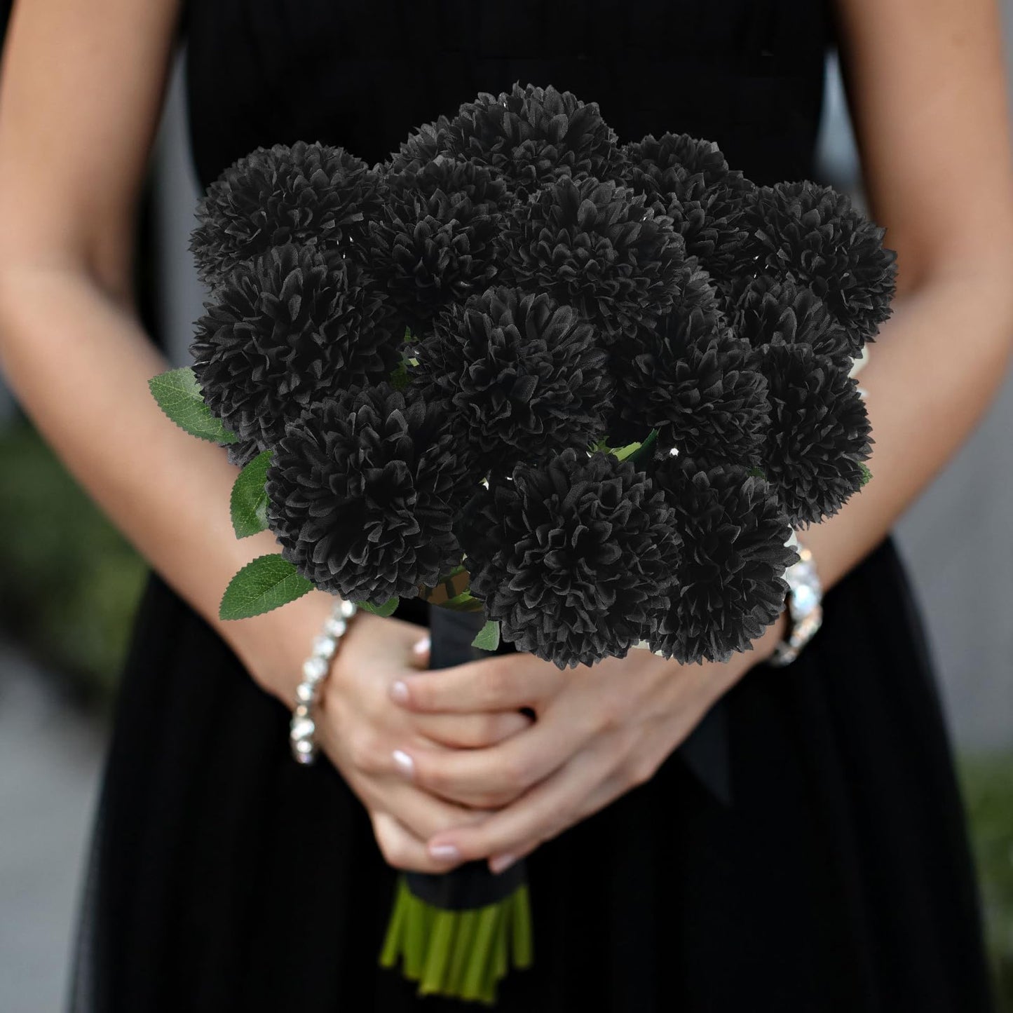 Hananona 12 Pcs Artificial Chrysanthemums Flowers Ball Flower, Fake Mums Flowers Black Silk Plants for Ghothic Home Decor Indoor Floral Arrangement Halloween Table Centerpiece (12, Black)