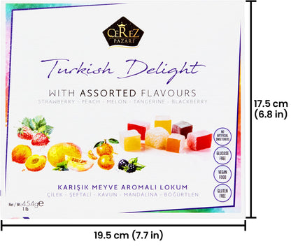 Cerez Pazari Turkish Delight Candy With Assorted Flavors, Gourmet Medium Size Snacks Gift Box, Sweet Luxury Traditional Confectionery Loukoumi, Vegan Lokum, Approx. No Nuts, 42 Pcs, 16 oz.