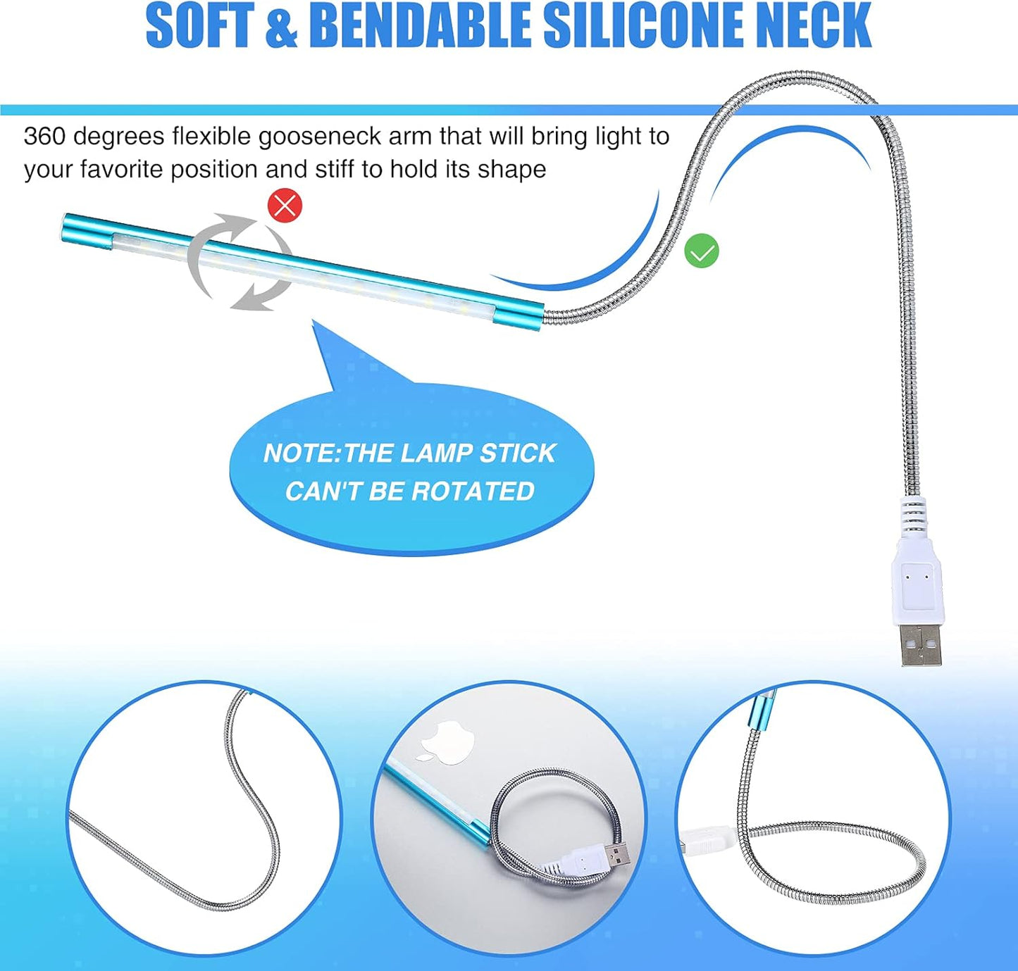 Mudder 2 Pieces USB LED Light for Laptop Keyboard Light Gooseneck Computer Lamp Flexible Stick Dimmable LED Lamp Touch Switch for Reading Book(Black, Blue)