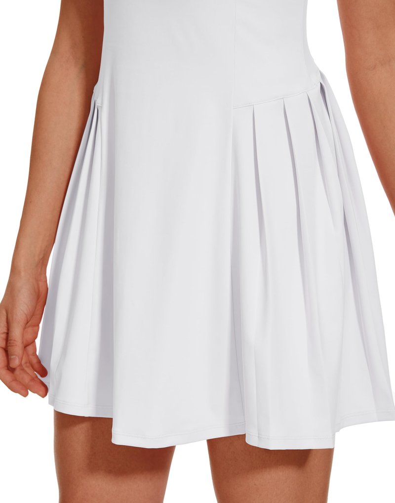 M MOTEEPI Golf Dresses for Women Sleeveless Square Neck Athletic Dress Pleated Fall Tennis Dress with Built in Shorts and Bra White Large