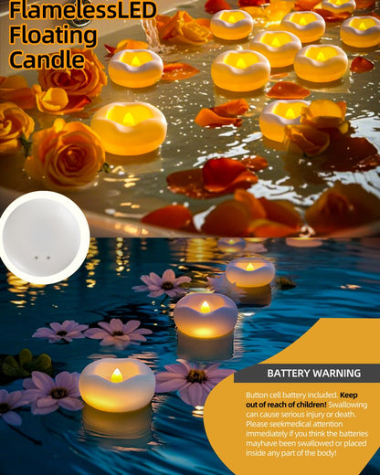 24 x 2”Floating Candle, 200 Hour Water Activated Warm White Battery Powered Flameless LED Floating Candle Floating for centerpieces/Bathtub/Pool/Fountain