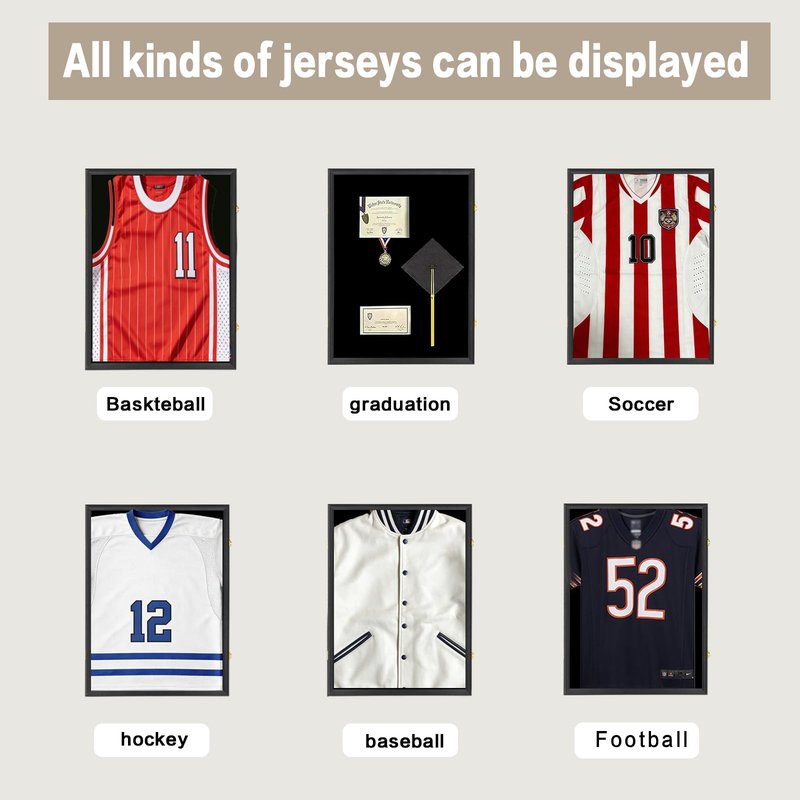 Hactyn Jersey Frame Display Case 4 Pack for Wall ,Large Lockable T-Shirt Shadow Box with Clear UV Protection Acrylic & Hangers for Football Basketball Baseball Soccer Hockey, Matte Black