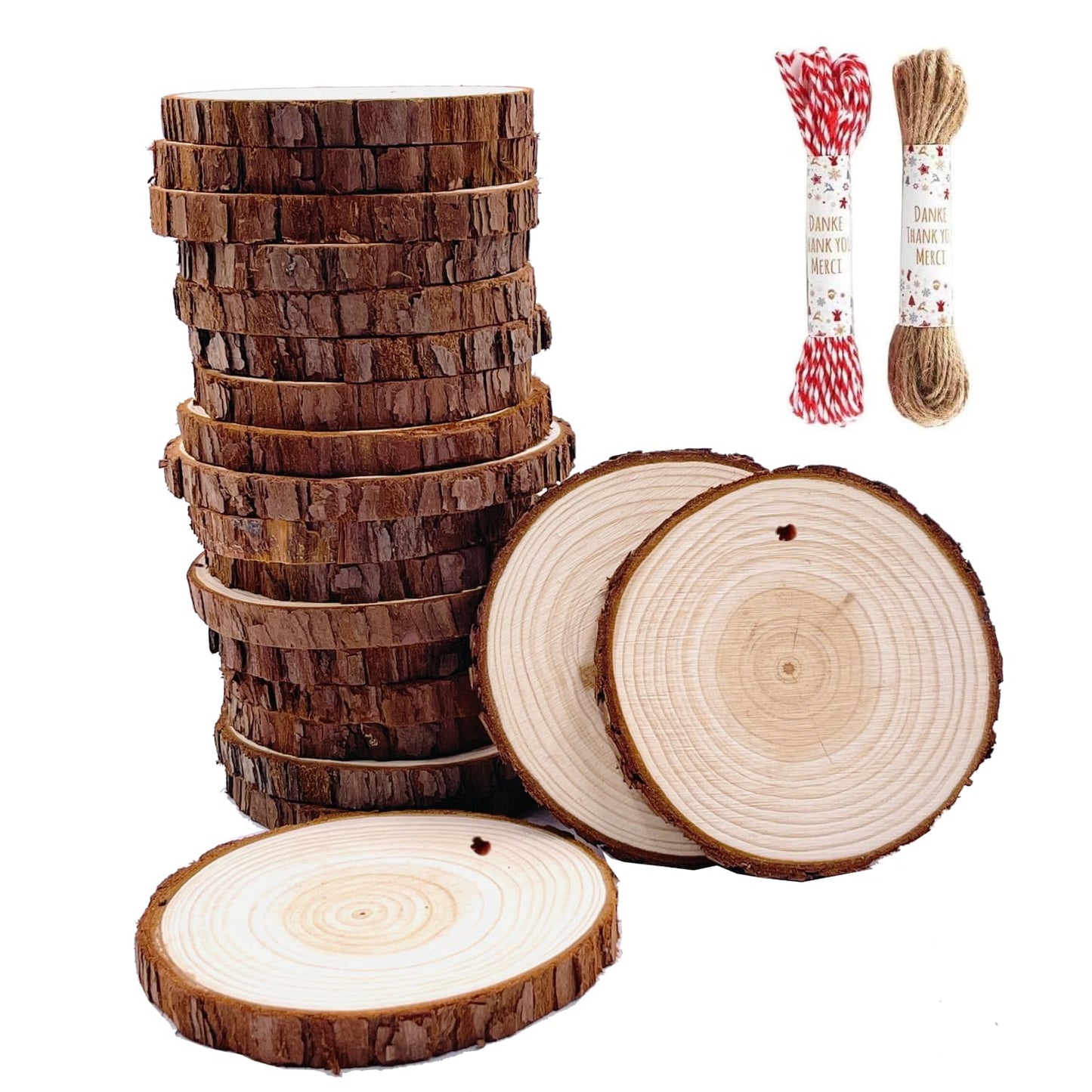 Unfinished Natural Wood Slices 20 Pcs 3.5-4 Inch Wood Coaster Sets Pieces Craft Wood kit Predrilled with Hole Wooden Circles Great for Arts and Crafts Christmas Ornaments DIY Crafts Rustic Wedding