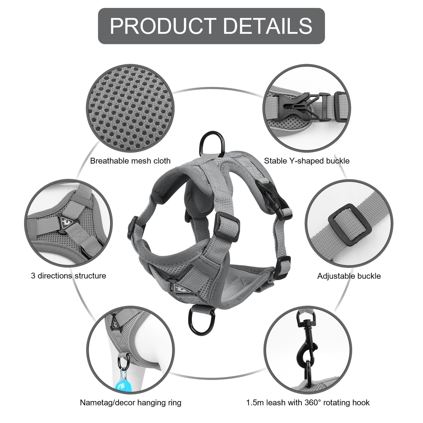 Cat Harness and Leash Set, Upgraded Escape Proof Adjustable Kitten Vest with Lead for Small Cat Outdoor Walking, Soft Breathable Mesh Jacket with Reflective Strips for Dark Night (S, Mature Gray)