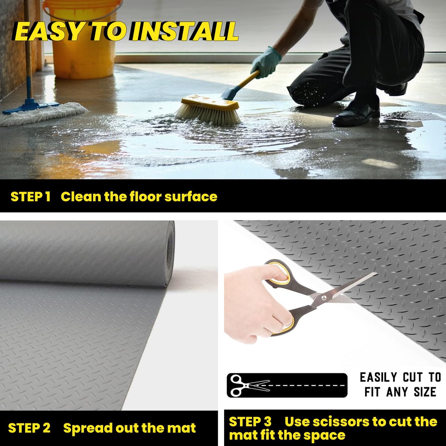 4x10 FT Garage Floor Mat, 2.8mm Thickened Diamond Plate PVC Rubber Heavy Duty Flooring Roll Covering Non-Slip Floor Protector Mat for Under Car Parking/Garage/Warehouse/Gyms/Trailer (Gray)