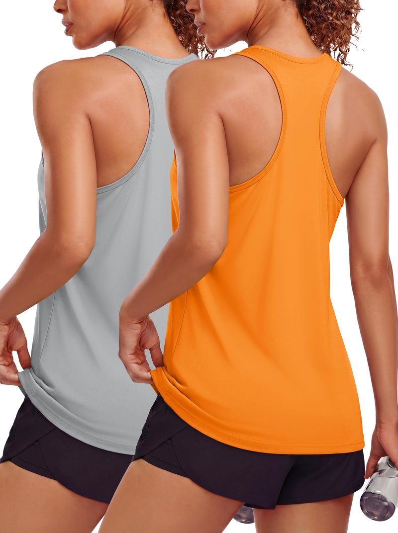 MAGCOMSEN 2 Pack Exercise Tank Tops for Women Moisture Wicking Shirts Razor Back Tanks Yoga Workout Top Gray+Orange M
