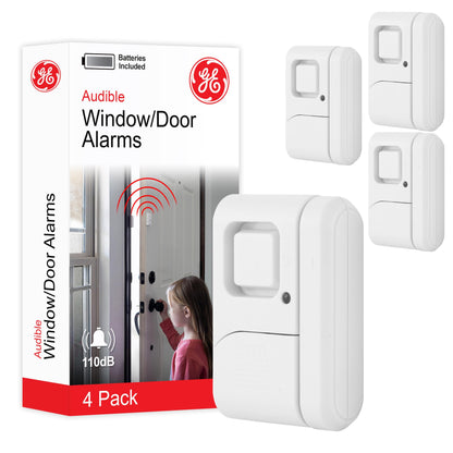 GE Personal Security Window and Door Alarm, 4 Pack, DIY Protection, Burglar Alert, Wireless Chime/Alarm, Easy Installation, Home Security, Ideal for Home, Garage, Apartment and More, White, 45174