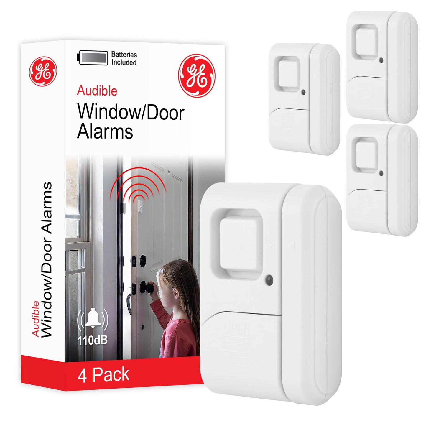 GE Personal Security Window and Door Alarm, 4 Pack, DIY Protection, Burglar Alert, Wireless Chime/Alarm, Easy Installation, Home Security, Ideal for Home, Garage, Apartment and More, White, 45174