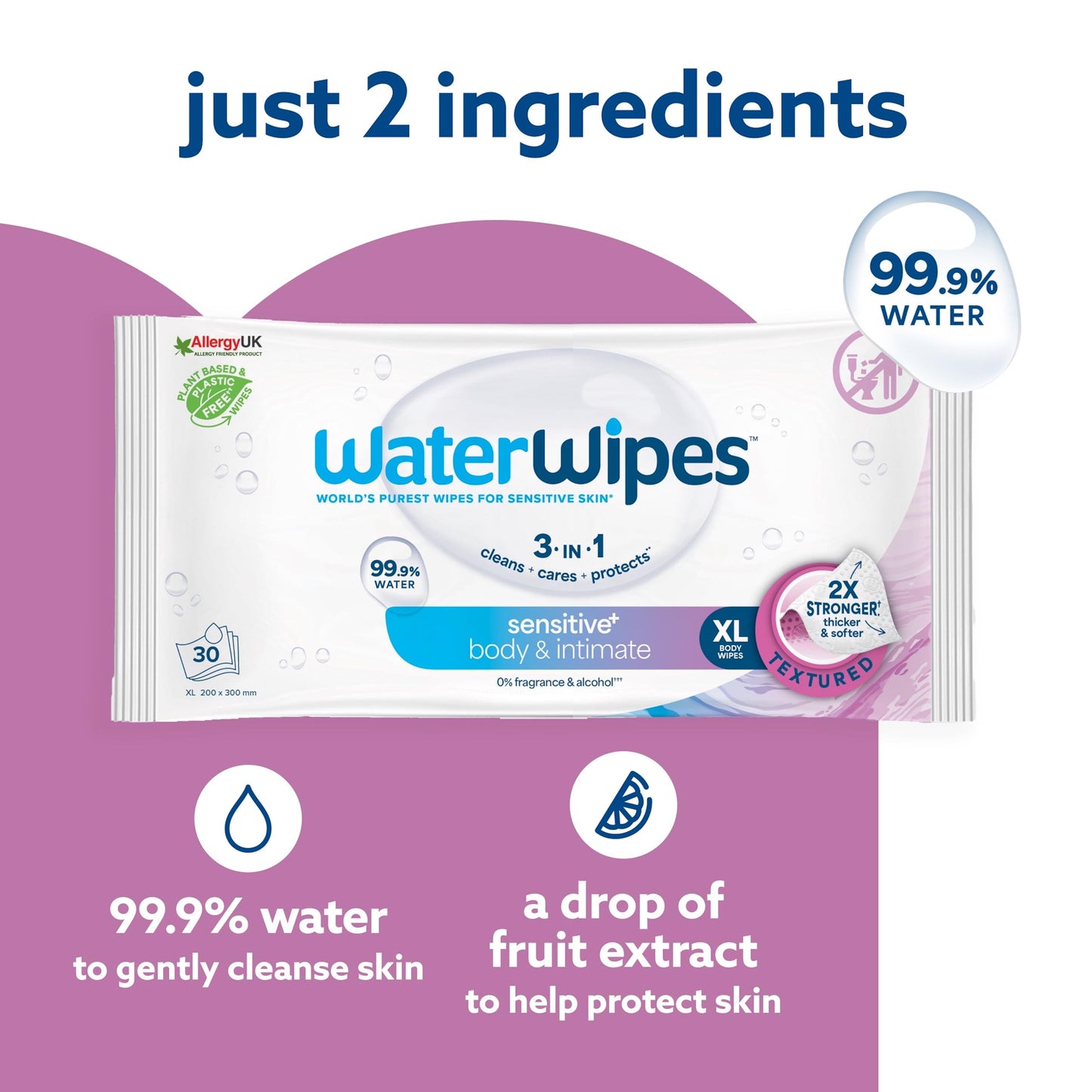 WaterWipes Sensitive+ Body & Intimate Wipes, 90 Wipes (3 Packs), 3-In-1 Cleans, Cares, Protects, 99.9% Water, Unscented & Hygiene Wet Wipes, Adult Care
