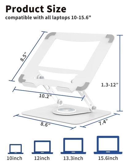 ALASHI Laptop Stand for Desk with 360° Rotating Base, Multi-Angle Adjustable Laptop Stands, Foldable Laptop Riser Compatible with 10 to 15.6 Inches PC Computer, White