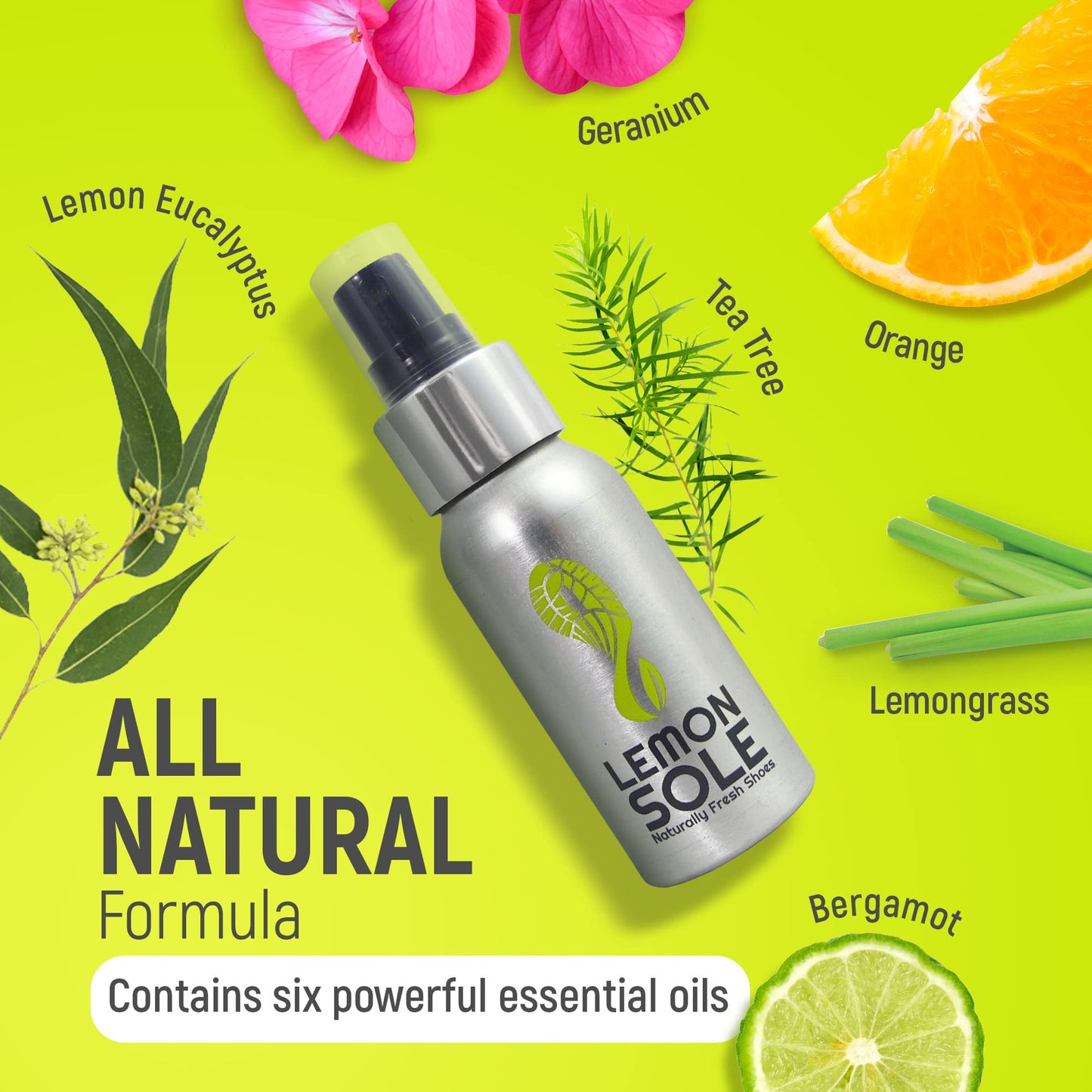Lemon Sole Natural Shoe Freshener & Deodoriser with 6 Powerful Essential Oils for Long-Term Odour Control, Great for Sports, Fresh Lemon Scent. Lemon Fresh shoes every day.