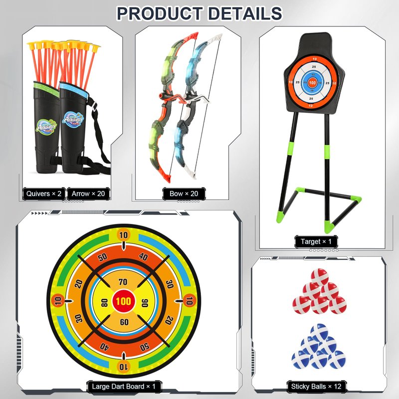 2 Pack Bow and Arrow Set with 29in Large Dart Board, LED Light Up Archery Set for Kids with 20 Suction Cup Arrows&12 Sticky Balls Standing Target Indoor Outdoor Toys Must Have for Boys Girls 3-12 yo