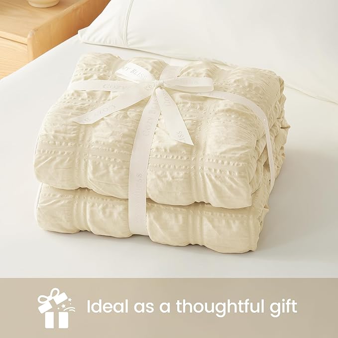 Cozy Bliss Cooling Comforter Seersucker Plaid Queen, Q-Max 0.4 Reversible Lightweight Cooling Blanket, Breathable Silk Smooth Summer Bedding Quilt for Hot Sleepers Night Sweats Khaki