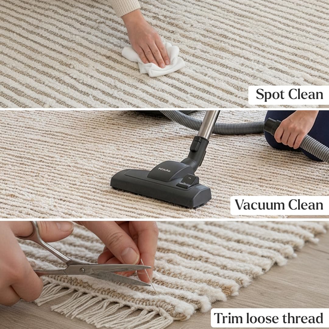 HOMEMONDE Jute Cotton Area Rug 6x9 ft Large Rectangle Hand Woven Natural Farmhouse Rugs for Living Room, Bedroom, Kitchen, High Traffic Area - Rustic Vintage Bohemian (Natural Offwhite)