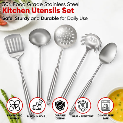 5 Pcs Newness Cooking Utensils Set, 304 Stainless Steel Kitchen Utensils Set, Metal Kitchen Accessories, Include Soup Ladle, Slotted Skimmer Spoon, Spaghetti Spoon and Spatula, Dishwasher Safe