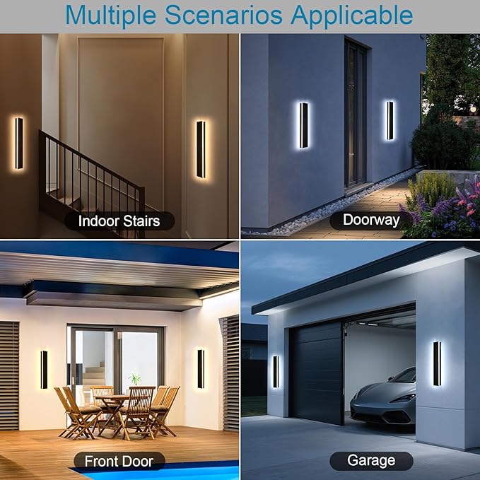2 Pack 24" Modern Outdoor Wall Lights, 2700k-6500k Dimmable Long Wall Mounted Light LED Black Porch Light Linear Outdoor Wall Sconce IP65 Waterproof Slender Exterior Lights for House Garage
