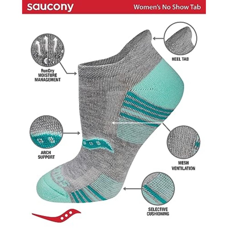 Saucony Women's RunDry Performance 8, 16 Pairs Heel Tab Athletic Socks, S-L, Grey Assorted (8 Pairs), Large