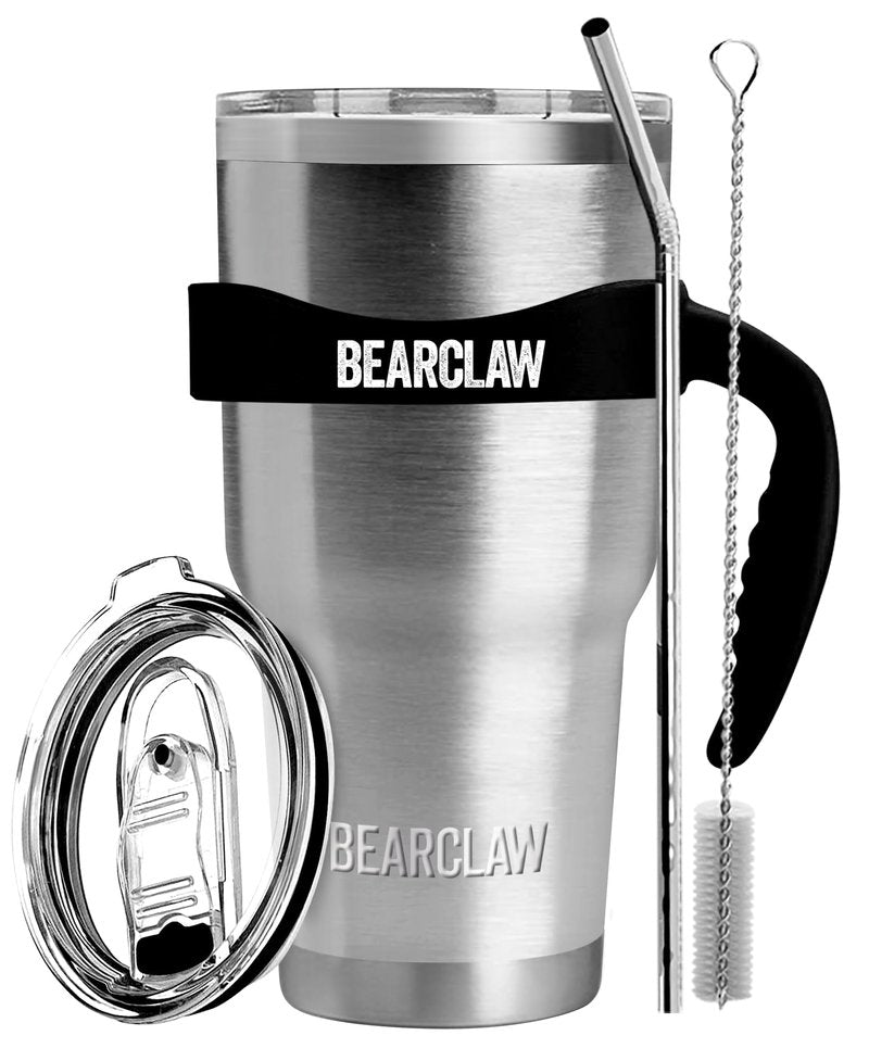 MalloMe BEARCLAW Insulated Tumbler With Handle & Straw - Stainless Steel Tumblers Coffee Travel Mug - Reusable Insulated Cup for Water with Brush, 2 Lids & Straws - Splash-Proof 30 Oz Silver