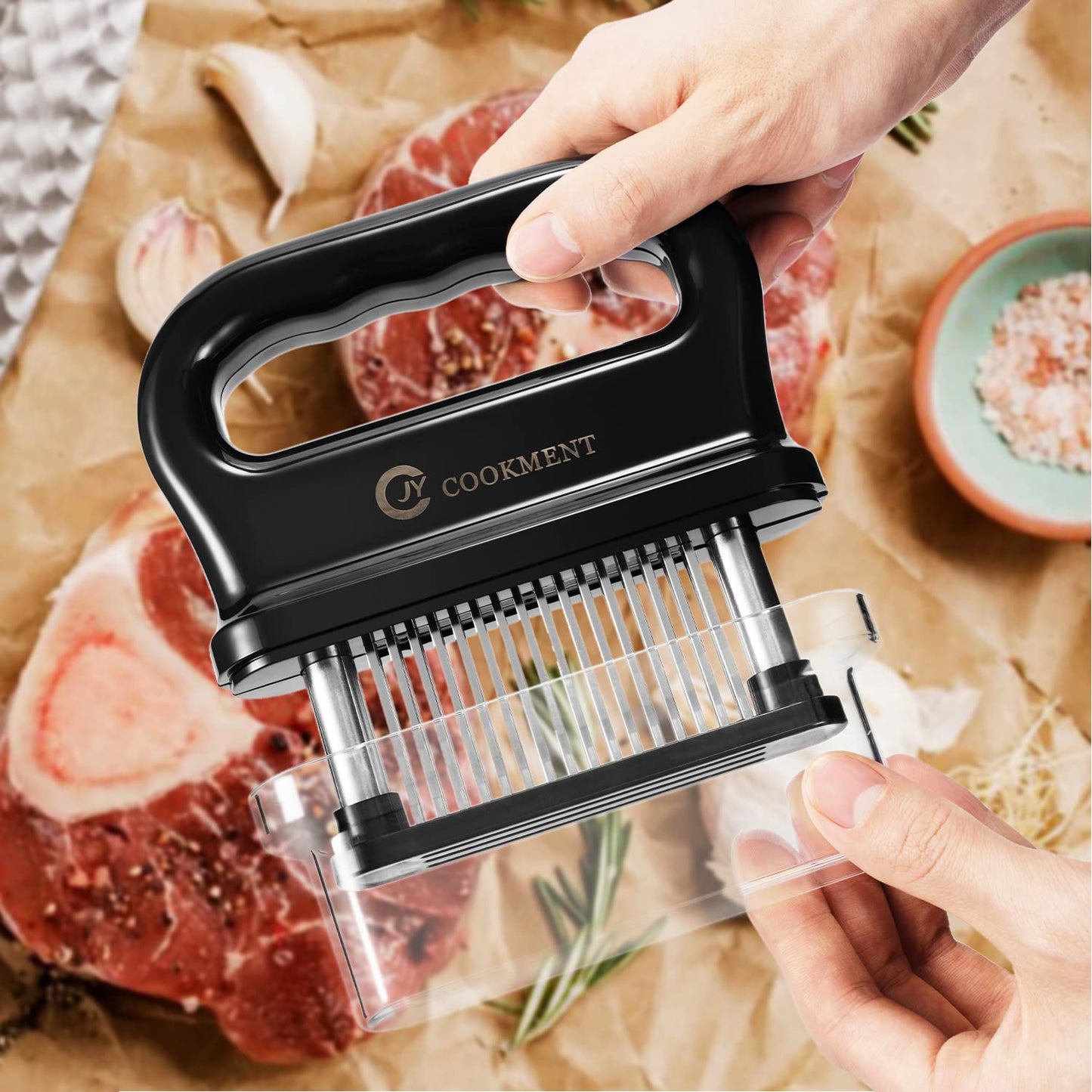 JY COOKMENT Meat Tenderizer with 48 Stainless Steel Ultra Sharp Needle Blades, Kitchen Cooking Tool Best for Tenderizing, BBQ, Marinade