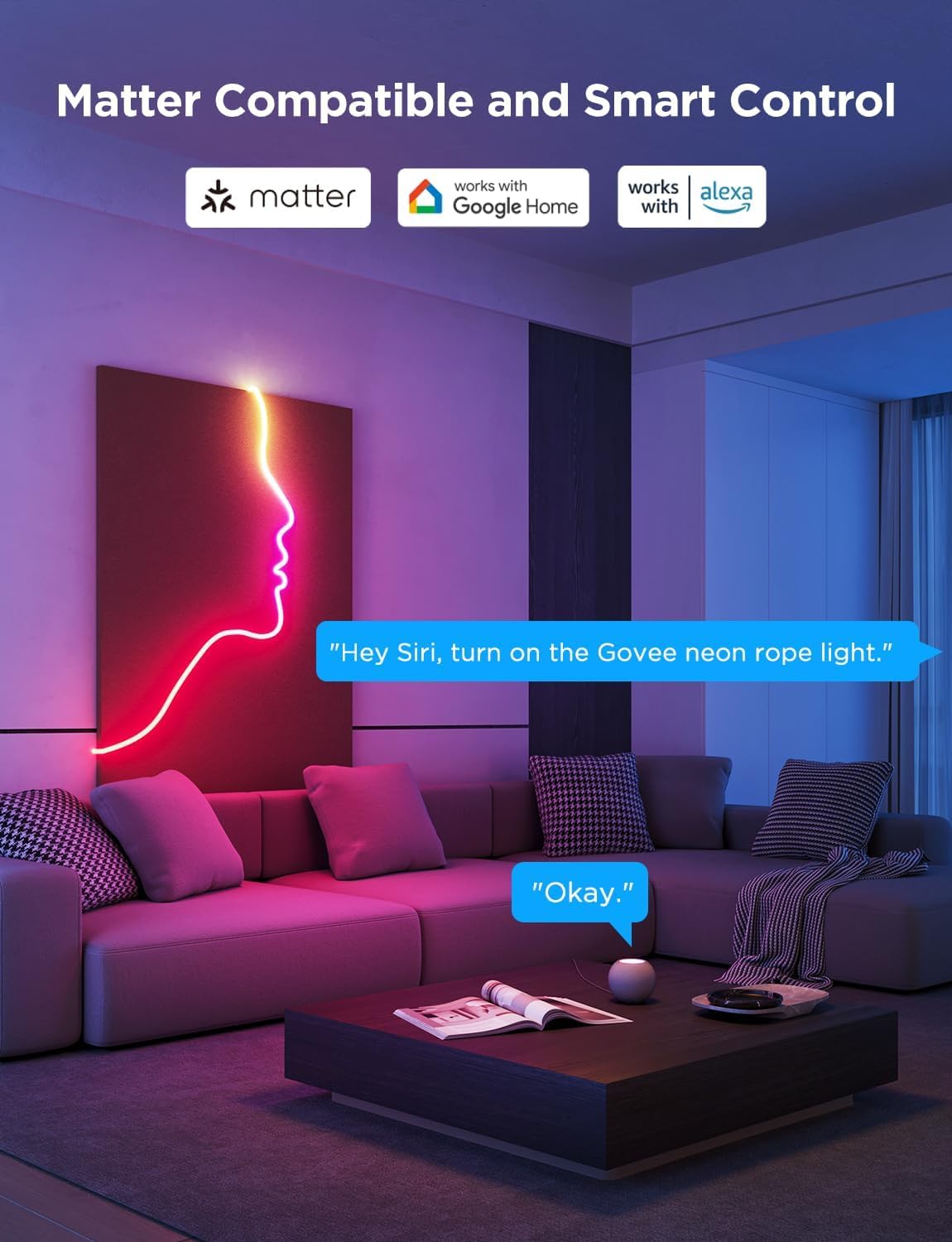 Govee RGBIC Neon Lights, LED Smart Neon Rope Light 2 Works with Matter, Alexa, Google Assistant, Custom DIY Neon Strip Lights for Bedroom and Holiday Decor, Softer Material, 32.8ft, White