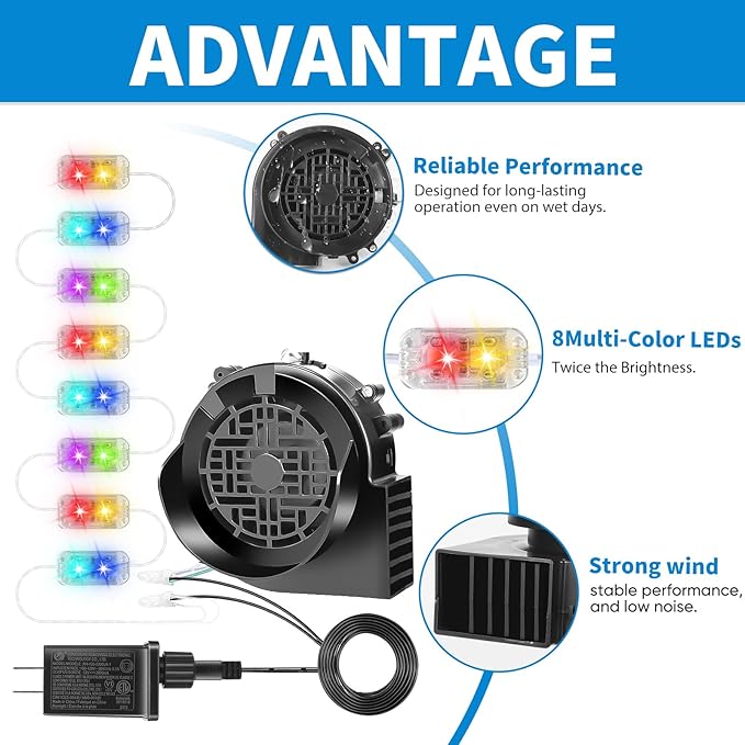 Replacement 1.5A Air Blower Fan for Inflatables, 8 Bright LED Light with Waterproof 2.0A Adapter, 12V Motor for Blow Up Yard Christmas Thanksgiving Outdoor Holiday Decorations