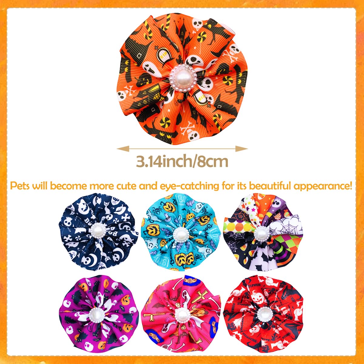 JpGdn 12pcs Halloween Dog Collar Flowers Bows Attachment Sliding for Medium Large XL Puppy Cats Rabbit Party Holiday Grooming Cosume Accessories