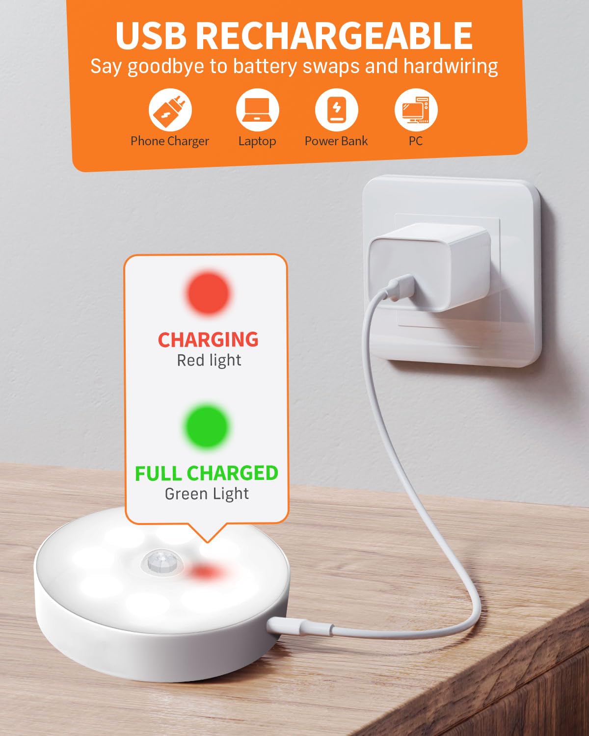 Motion Sensor Lights Indoor, 6 Pack Cupboard Light, Stair Lights Night Light, 3 Modes USB Charging Wall, Magnetic for Kitchen Stair Closet Under Cabinet
