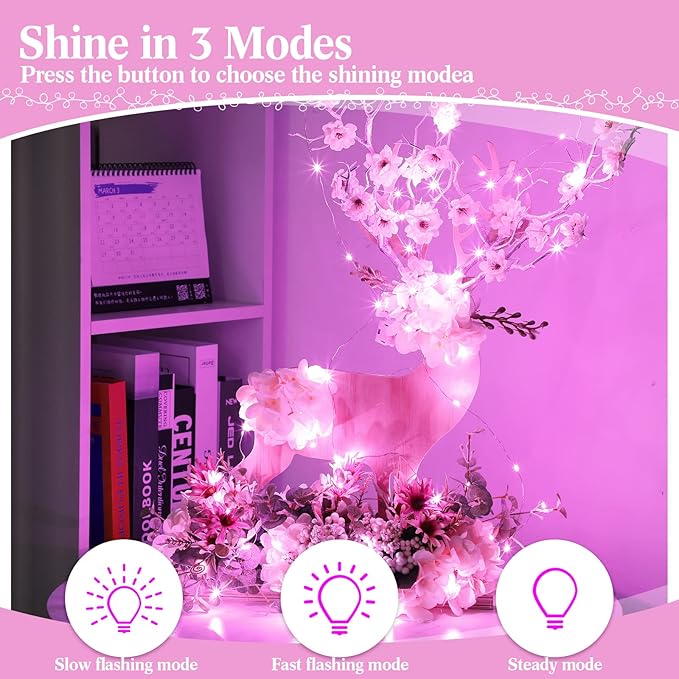 Hortsun 100 Packs Fairy Lights Battery Operated 3 Speed Modes, 7 Ft/ 2 M 20 LED Battery String Mini Waterproof Wire Twinkle Lights Bulk for Wedding Party Birthday Vases (Pink Light)