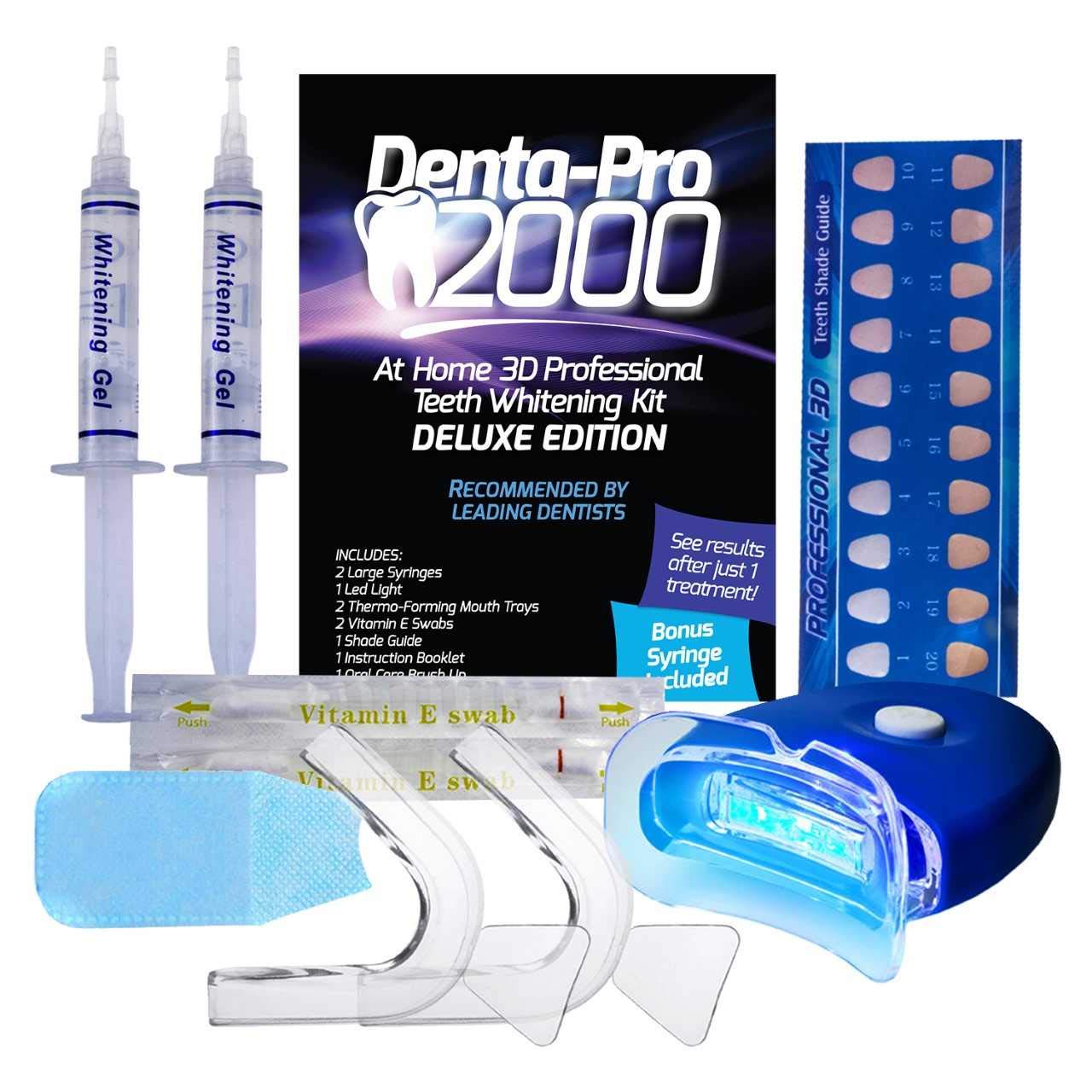 DentaPro 2000 3D Teeth Whitening Kit – Deluxe Addition Includes LED Light, (2) 5ml Gel Syringes, Custom Moldable Tray (2), Vitamin E Swab (2), Shade Guide – See Results After Just One Use!