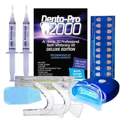DentaPro 2000 3D Teeth Whitening Kit – Deluxe Addition Includes LED Light, (2) 5ml Gel Syringes, Custom Moldable Tray (2), Vitamin E Swab (2), Shade Guide – See Results After Just One Use!