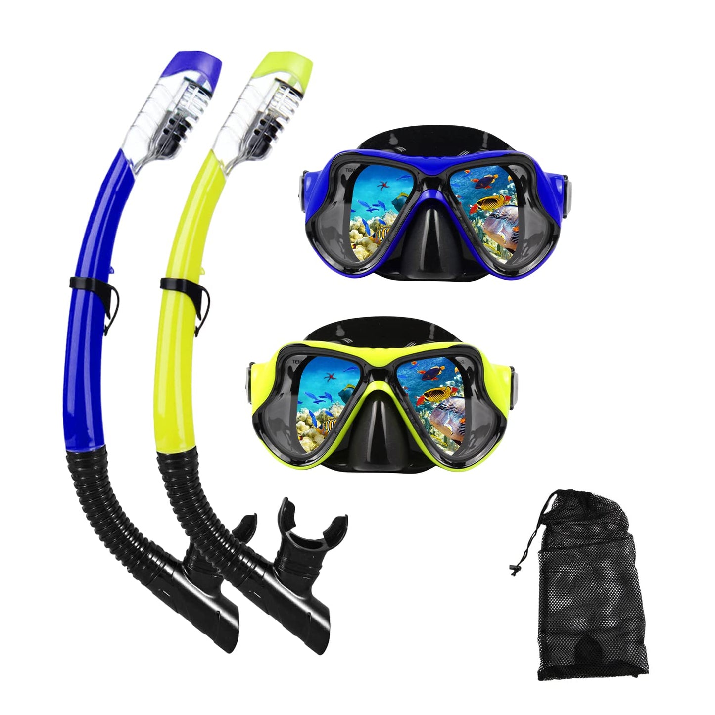 DIPUKI Snorkeling Gear for Adults Snorkel mask Set Scuba Diving mask Dry Snorkel Swimming Glasses Swim Dive mask Nose Cover Youth Diving (Blue+Yellow（2 Pack）)