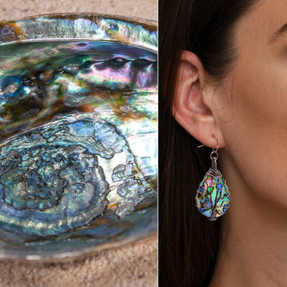 Handmade Teardrop Abalone Shell Dangle Earrings for Women, Wire Craft Tree of Life Earrings